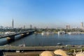 Nile River on its way through the city of Cairo. Egypt with boats moored on the shore and view of modern buildings Royalty Free Stock Photo