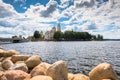 Nilov Monastery on the Stolobny island, Tver region. View from the Peninsula Svetlitsa. Royalty Free Stock Photo