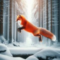 Nimble red fox hops and bounds over winter terrain