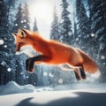 Nimble red fox hops and bounds over winter terrain