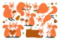Squirrel cute animal cartoon character harvesting, jumping or sleeping, loving couple isolated set