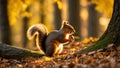 Nimble squirrel gathering nuts, beautiful nature background with autumn forest and rich amber glowing lights during sunset time