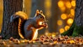 Nimble squirrel gathering nuts, beautiful nature background with autumn forest and rich amber glowing lights during sunset time