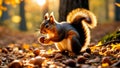 Nimble squirrel gathering nuts, beautiful nature background with autumn forest and rich amber glowing lights during sunset time