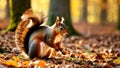 Nimble squirrel gathering nuts, beautiful nature background with autumn forest and rich amber glowing lights during sunset time