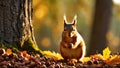 Nimble squirrel gathering nuts, beautiful nature background with autumn forest and rich amber glowing lights during sunset time