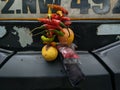 Nimbu mirchi, lemon chilli hanging in front of auto rickshaw for anti curse anti bad omen