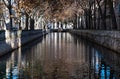 Nimes, Occitanie, France - Autumn trees reflecting in the canal of the Fountain gardens