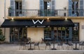 Nimes, Occitanie, France - Emtpy terrace and facade of a cafe and brasserie