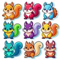 Nine adorable cartoon squirrels in different colors, sitting and smilin Royalty Free Stock Photo