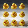 Nine adorable yellow rubber ducks arranged in a grid on a softly lit surface Royalty Free Stock Photo
