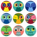 Nine amusing owl faces in a circle Royalty Free Stock Photo