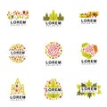 Nine Autumn logos with brown and green leaves, forests, cherries, seasonal. designed for environmental and health safety. suitable