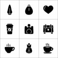 Nine black and white icons including a feather, heart, coffee cup, backpack and other items Royalty Free Stock Photo