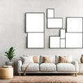Nine blank frames mockup for artwork or print on white wall with beige couch. Scandinavian style. copy space. Interior design.