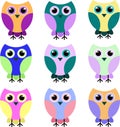 Nine brightly colored owls in identical poses. Icons. Vector illustration.