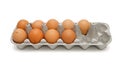 Nine brown eggs in box isolated