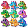 Nine cartoon crocodiles in different colors and pose Royalty Free Stock Photo