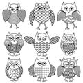 Nine cartoon funny owl outlines