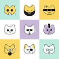 Nine cat lives. Print for t-shirt with different cats faces. Vector illustration