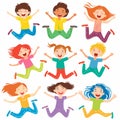 Nine children jumping joyfully, happy kids cartoon characters celebrate. Excited boys girls