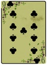 Nine of Clubs playing card. Unique hand drawn pocker card. One of 52 cards in french card deck, English or Anglo-American pattern