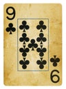 Nine of Clubs Vintage playing card - isolated on white