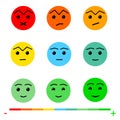 Nine Color Faces Feedback/Mood. Set nine faces scale - smile neutral sad - isolated vector illustration. Flat design. Royalty Free Stock Photo