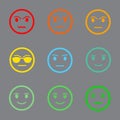 Nine Color Faces Feedback/Mood. Set nine faces scale - smile neutral sad - isolated vector illustration on gray background. Royalty Free Stock Photo
