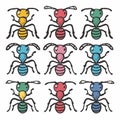 Nine colorful cartoon ants arranged 3 rows 3, variety colors, simplistic design. Hand drawn style