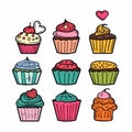 Nine colorful cupcakes cartoon doodle drawing array. Sweet desserts different toppings