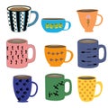 Nine colorful cups in flat vector style. Royalty Free Stock Photo