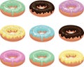 Nine colorful donuts.