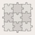 Nine connected jigsaw puzzle parts. Infographic template with matching pieces. Teamwork concept.