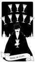 Nine of Cups. Tarot cards. Elegant gentleman in a white glove, with a mustache and top hat, holding a golden cup.