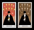 Nine of Cups. Tarot cards. Elegant gentleman in a white glove, with a mustache and top hat, holding a golden cup. Sky line of a