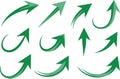 Nine 3D green arrows pointing in various directions with shading and perspective for a dynamic floating effect. set of green arrow