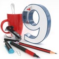 `nine` 3d number with office stuff