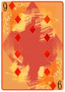 Nine of Diamonds playing card. Unique hand drawn pocker card. One of 52 cards in french card deck, English or Anglo-American