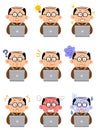 Nine different facial expressions of middle-aged man in everyday clothes operating laptops