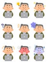 Nine different facial expressions of middle-aged man in everyday clothes who operate laptops