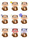 Nine different facial expressions of middle-aged men wearing glasses and casual clothes operating smartphones