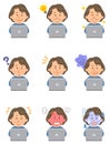 Nine different facial expressions of a senior woman wearing a blue cut-and-sew that operates a laptop