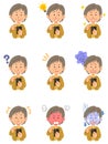 Nine different facial expressions of a senior woman wearing a yellow cardigan operating a smartphone