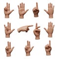 Nine digital renderings of a human hand, each displaying different gestures, float on a Royalty Free Stock Photo