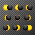 Nine eclipse stages with realistic satellite moon and star sun on transparent background Royalty Free Stock Photo