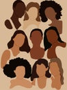 Nine elegant silhouettes of girls and women in a minimalist boho style. Women of different skin and hair