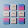Nine elegant square products displaying colorful gradients and specific text labels arranged neatly Royalty Free Stock Photo