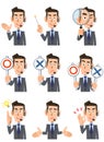 Nine facial expressions and gestures of a male operator wearing a headset Royalty Free Stock Photo