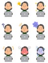 Nine facial expressions of a senior woman in a green sweater operating a laptop